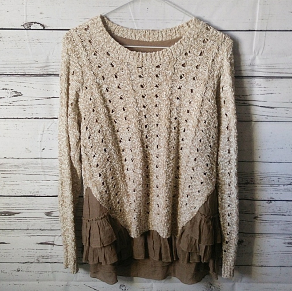 Boston Proper Oatmeal Sweater Ruffles Shirt Small
